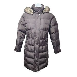 Utex Canada puffer coat down feather faux fur collar brown long medium